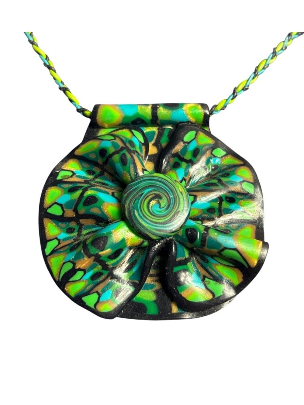 Colorful Polymer Clay Pendant Necklace Braided Cord Silvertone Toggle Clasp